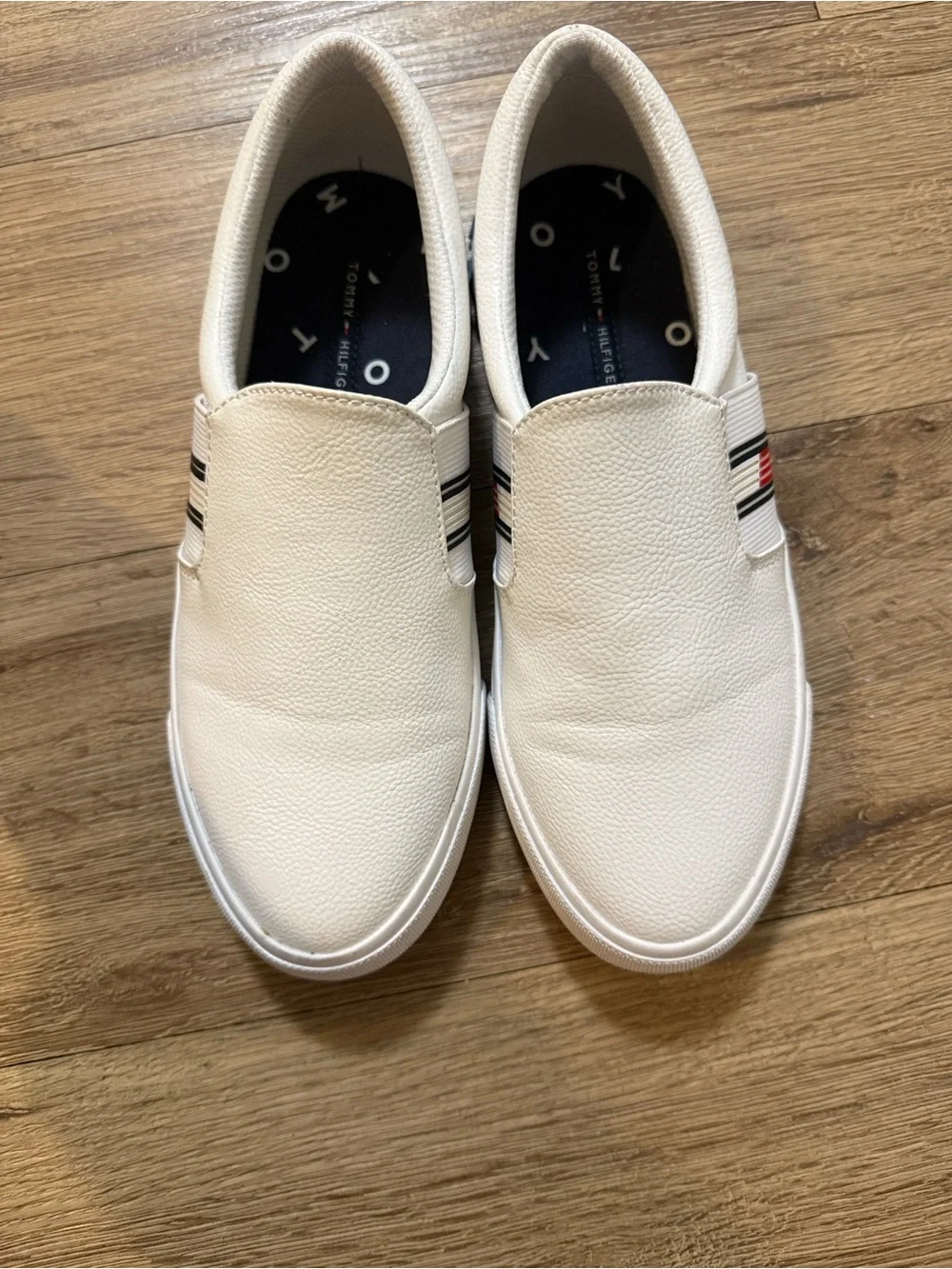 Tommy Hilfiger White Slip-On Loafers with Red & Blue Stripe